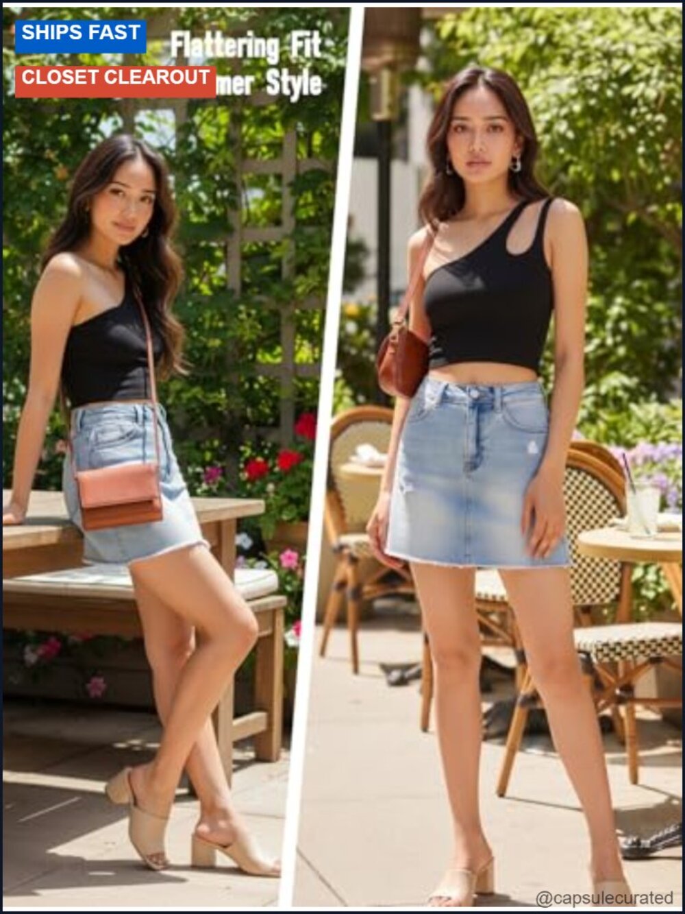 High Waisted Stretchy Denim Mini Skirt with Distressed Ripped Details and - Picture 2 of 6